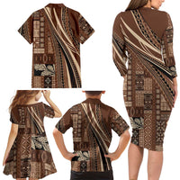 Pasifika Women's Day - Samoa Siapo Malu Tattoo Inspired Family Matching Long Sleeve Bodycon Dress and Hawaiian Shirt Brown