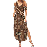 Pasifika Women's Day - Samoa Siapo Malu Tattoo Inspired Family Matching Summer Maxi Dress and Hawaiian Shirt Brown