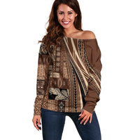 Pasifika Women's Day - Samoa Siapo Malu Tattoo Inspired Off Shoulder Sweater Brown