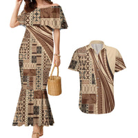 Pasifika Women's Day - Samoa Siapo Malu Tattoo Inspired Couples Matching Mermaid Dress and Hawaiian Shirt Beige