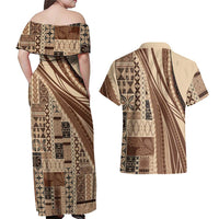 Pasifika Women's Day - Samoa Siapo Malu Tattoo Inspired Couples Matching Off Shoulder Maxi Dress and Hawaiian Shirt Beige