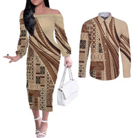 Pasifika Women's Day - Samoa Siapo Malu Tattoo Inspired Couples Matching Off The Shoulder Long Sleeve Dress and Long Sleeve Button Shirt Beige