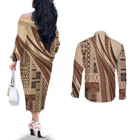 Pasifika Women's Day - Samoa Siapo Malu Tattoo Inspired Couples Matching Off The Shoulder Long Sleeve Dress and Long Sleeve Button Shirt Beige