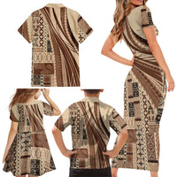 Pasifika Women's Day - Samoa Siapo Malu Tattoo Inspired Family Matching Short Sleeve Bodycon Dress and Hawaiian Shirt Beige