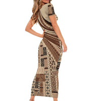 Pasifika Women's Day - Samoa Siapo Malu Tattoo Inspired Family Matching Short Sleeve Bodycon Dress and Hawaiian Shirt Beige