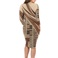 Pasifika Women's Day - Samoa Siapo Malu Tattoo Inspired Long Sleeve Bodycon Dress Beige