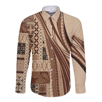 Pasifika Women's Day - Samoa Siapo Malu Tattoo Inspired Long Sleeve Button Shirt Beige LT7 Unisex Beige - Polynesian Pride