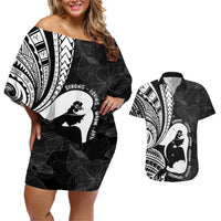 Mother's Day Couples Matching Off Shoulder Short Dress and Hawaiian Shirt Polynesia Vintage Hibiscus - Black