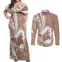 Mother's Day Couples Matching Off Shoulder Maxi Dress and Long Sleeve Button Shirt Polynesia Vintage Hibiscus - Brown LT7 Brown - Polynesian Pride