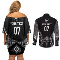 2025 Rugby Championship New Zealand Custom Couples Matching Off Shoulder Short Dress and Long Sleeve Button Shirt Poutama Motifs - Polynesian Pride