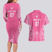 2025 Rugby Championship New Zealand Custom Couples Matching Long Sleeve Bodycon Dress and Hawaiian Shirt Poutama Motifs - Pink Out - Polynesian Pride