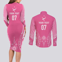 2025 Rugby Championship New Zealand Custom Couples Matching Long Sleeve Bodycon Dress and Long Sleeve Button Shirt Poutama Motifs - Pink Out - Polynesian Pride