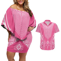2025 Rugby Championship New Zealand Custom Couples Matching Off Shoulder Short Dress and Hawaiian Shirt Poutama Motifs - Pink Out - Polynesian Pride