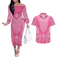 2025 Rugby Championship New Zealand Custom Couples Matching Off The Shoulder Long Sleeve Dress and Hawaiian Shirt Poutama Motifs - Pink Out - Polynesian Pride