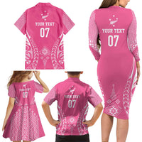 2025 Rugby Championship New Zealand Custom Family Matching Long Sleeve Bodycon Dress and Hawaiian Shirt Poutama Motifs - Pink Out - Polynesian Pride