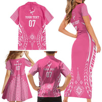 2025 Rugby Championship New Zealand Custom Family Matching Short Sleeve Bodycon Dress and Hawaiian Shirt Poutama Motifs - Pink Out - Polynesian Pride