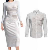 Samoa Lotu Tamaiti White Prayers Couples Matching Long Sleeve Bodycon Dress and Long Sleeve Button Shirt Floral Mamanu Siapo LT7 White - Polynesian Pride