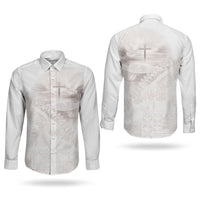 Samoa Lotu Tamaiti White Prayers Couples Matching Off Shoulder Maxi Dress and Long Sleeve Button Shirt Floral Mamanu Siapo LT7 - Polynesian Pride