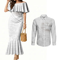 Tonga White Sunday Fakame Couples Matching Mermaid Dress and Long Sleeve Button Shirt Tokelaufeletoa Kupesi LT7 White - Polynesian Pride