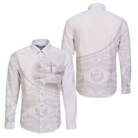 Tonga White Sunday Fakame Family Matching Short Sleeve Bodycon Dress and Hawaiian Shirt Tokelaufeletoa Kupesi LT7 Dad's Shirt - Long Sleeve White - Polynesian Pride