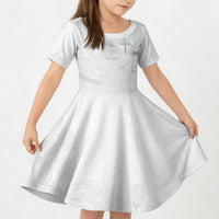 Niue White Sunday Tapu Fanau Kid Short Sleeve Dress Fiti Pua Mix Hiapo Tapa LT7 KID White - Polynesian Pride