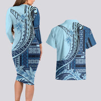 Samoa Siapo Mamanu Couples Matching Long Sleeve Bodycon Dress and Hawaiian Shirt Plumeria Navy Blue Motifs
