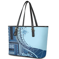 Samoa Siapo Mamanu Leather Tote Bag Plumeria Navy Blue Motifs