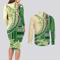 Samoa Siapo Mamanu Couples Matching Long Sleeve Bodycon Dress and Long Sleeve Button Shirt Plumeria Emerald Motifs