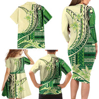 Samoa Siapo Mamanu Family Matching Long Sleeve Bodycon Dress and Hawaiian Shirt Plumeria Emerald Motifs