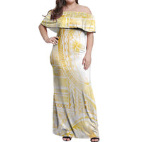 Samoa Siapo Mamanu Off Shoulder Maxi Dress Plumeria Fancy Gold Motifs