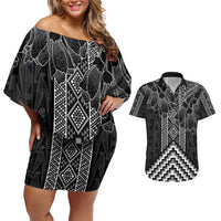 Aotearoa Taniko Pattern Couples Matching Off Shoulder Short Dress and Hawaiian Shirt Poutama Mix Kowhai Flowers