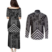 Aotearoa Taniko Pattern Couples Matching Puletasi and Long Sleeve Button Shirt Poutama Mix Kowhai Flowers LT7 - Polynesian Pride