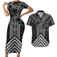 Aotearoa Taniko Pattern Couples Matching Short Sleeve Bodycon Dress and Hawaiian Shirt Poutama Mix Kowhai Flowers