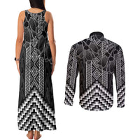 Aotearoa Taniko Pattern Couples Matching Tank Maxi Dress and Long Sleeve Button Shirt Poutama Mix Kowhai Flowers LT7 - Polynesian Pride