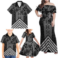 Aotearoa Taniko Pattern Family Matching Off Shoulder Maxi Dress and Hawaiian Shirt Poutama Mix Kowhai Flowers