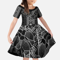 Aotearoa Taniko Pattern Kid Short Sleeve Dress Poutama Mix Kowhai Flowers LT7 KID Grey - Polynesian Pride