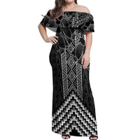 Aotearoa Taniko Pattern Off Shoulder Maxi Dress Poutama Mix Kowhai Flowers LT7 Women Grey - Polynesian Pride