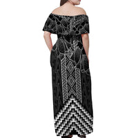Aotearoa Taniko Pattern Off Shoulder Maxi Dress Poutama Mix Kowhai Flowers LT7 - Polynesian Pride