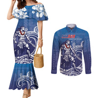 Samoa Manuia le Aso Tuto'atasi Siapo Motif Couples Matching Mermaid Dress and Long Sleeve Button Shirt Warrior with Nifo Oti LT7 Blue - Polynesian Pride