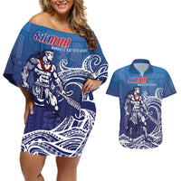 Samoa Manuia le Aso Tuto'atasi Siapo Motif Couples Matching Off Shoulder Short Dress and Hawaiian Shirt Warrior with Nifo Oti LT7 Blue - Polynesian Pride