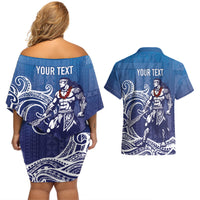 Samoa Manuia le Aso Tuto'atasi Siapo Motif Couples Matching Off Shoulder Short Dress and Hawaiian Shirt Warrior with Nifo Oti LT7 - Polynesian Pride