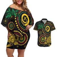 Vanuatu Personalized Aboriginal Arts Couples Matching Off Shoulder Short Dress and Hawaiian Shirt Turtle and Iguana Special - Polynesian Pride