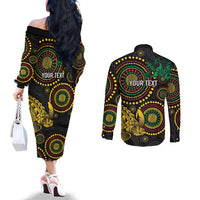 Vanuatu Personalized Aboriginal Arts Couples Matching Off The Shoulder Long Sleeve Dress and Long Sleeve Button Shirt Turtle and Iguana Special LT7 - Polynesian Pride