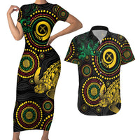 Vanuatu Personalized Aboriginal Arts Couples Matching Short Sleeve Bodycon Dress and Hawaiian Shirt Turtle and Iguana Special - Polynesian Pride