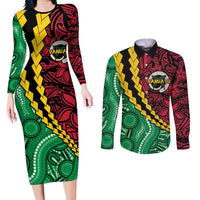 Vanuatu Personalized Tribal Couples Matching Long Sleeve Bodycon Dress and Long Sleeve Button Shirt Aboriginal Inspired Mix Style LT7 Colorful - Polynesian Pride