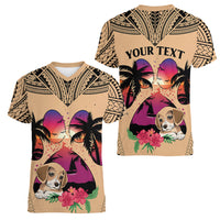 Personalised Polynesian Women V Neck T Shirt Dog Lover With Beagle - Sunset At The Beach LT7 - Polynesian Pride
