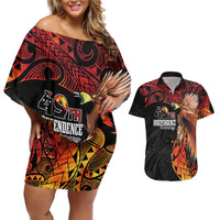 Papua New Guinea Personalised Couples Matching Off Shoulder Short Dress and Hawaiian Shirt Grunge Style 49th Independence Anni