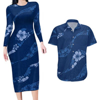 Aloha Hawaii Floral Tapa Couples Matching Long Sleeve Bodycon Dress and Hawaiian Shirt Patchwork Navy - Polynesian Pride