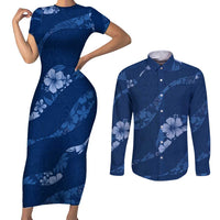 Aloha Hawaii Floral Tapa Couples Matching Short Sleeve Bodycon Dress and Long Sleeve Button Shirt Patchwork Navy LT7 Navy - Polynesian Pride