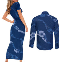 Aloha Hawaii Floral Tapa Couples Matching Short Sleeve Bodycon Dress and Long Sleeve Button Shirt Patchwork Navy LT7 - Polynesian Pride
